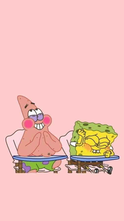 Svampebob og Patrick sitter side om side og smiler på stoler mot rosa bakgrunn — Søte Spongebob Bakgrunner