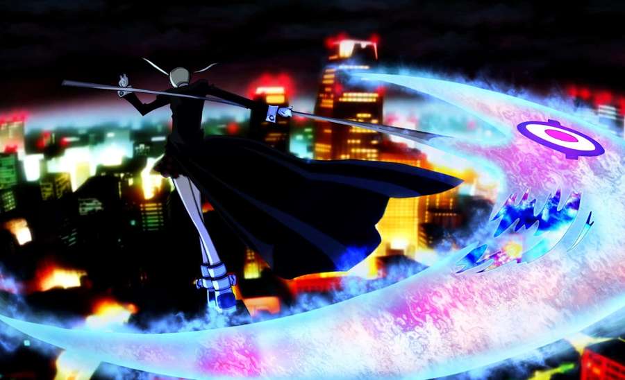 Anime warrior with glowing sword hovering over neon city at night. — Soul Background