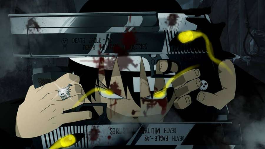 Anime-Charakter zielt mit einer blutbespritzten Waffe mit glühenden Augen in einer dunklen Szene. — Soul Eater charaktere Wallpaper