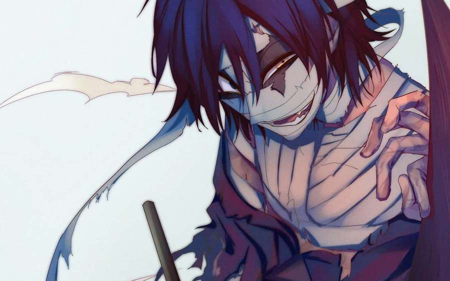 Anime character with stitched mouth and glowing eyes smiling menacingly. — Soul Eater Evans Wallpaper