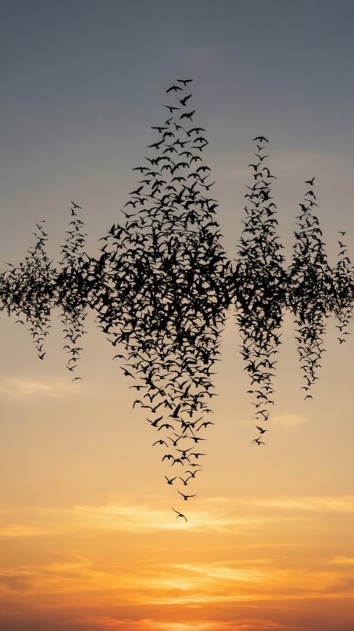 Birds in flight forming a soundwave shape. — Soundwave Wallpaper