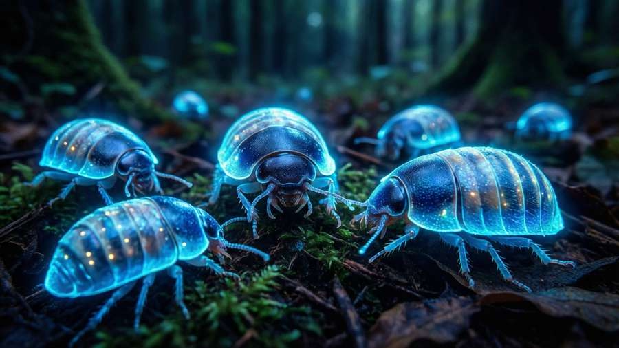 Bioluminescent pillbugs glowing blue in a dark forest. — Sowbug Picture