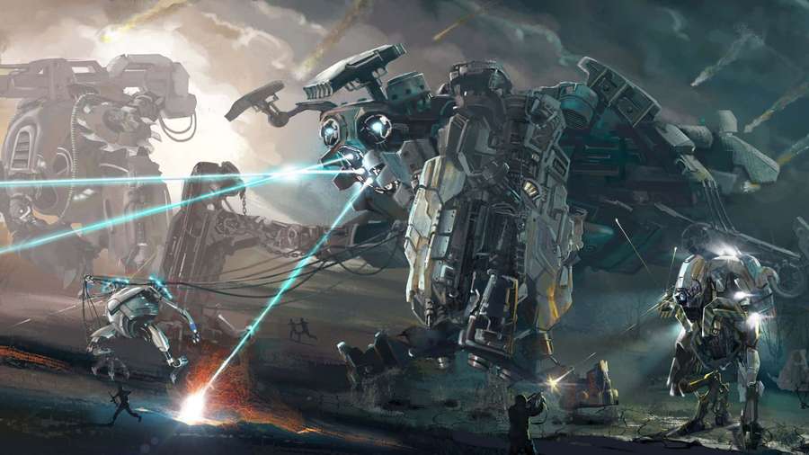 Riesige Roboter feuern Laser in einer Kriegszone, während Soldaten am Boden kämpfen. — Space Battle Wallpaper