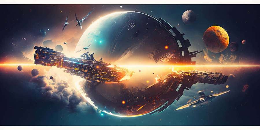 Futuristic spaceship orbiting a glowing planet with smaller ships flying past colorful alien worlds. — Space Colonization Wallpaper
