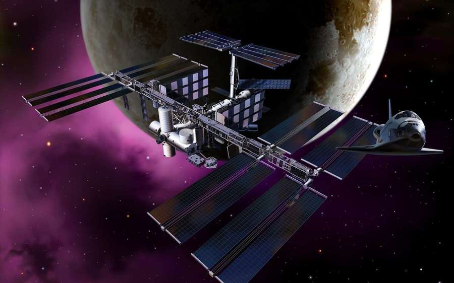Space station with solar panels orbits a moon in a purple nebula. — Space Exploration Wallpaper