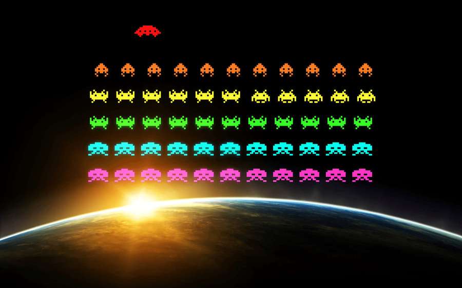 Retro arcade aliens floating above Earth at sunrise — Space Gaming Wallpaper