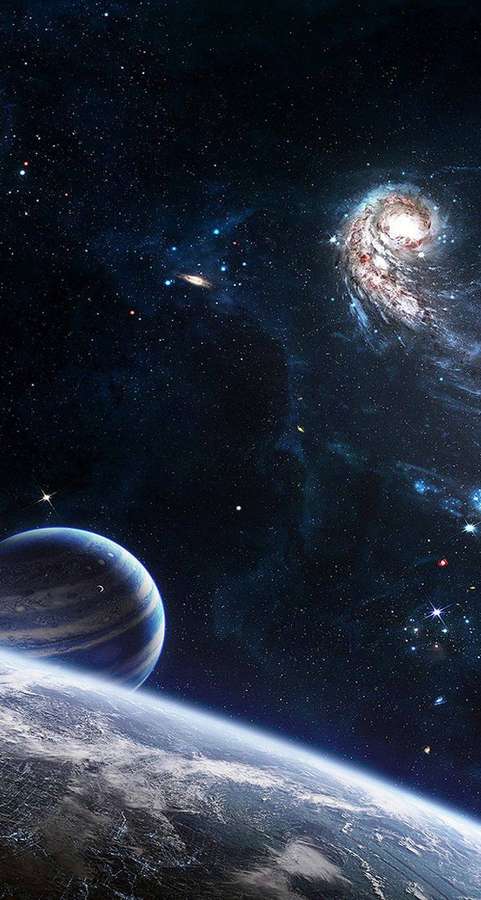Erde und Jupiter aus dem Weltraum gesehen mit einer leuchtenden Spiralgalaxie im Hintergrund. — Space iPhone Hintergrundbild