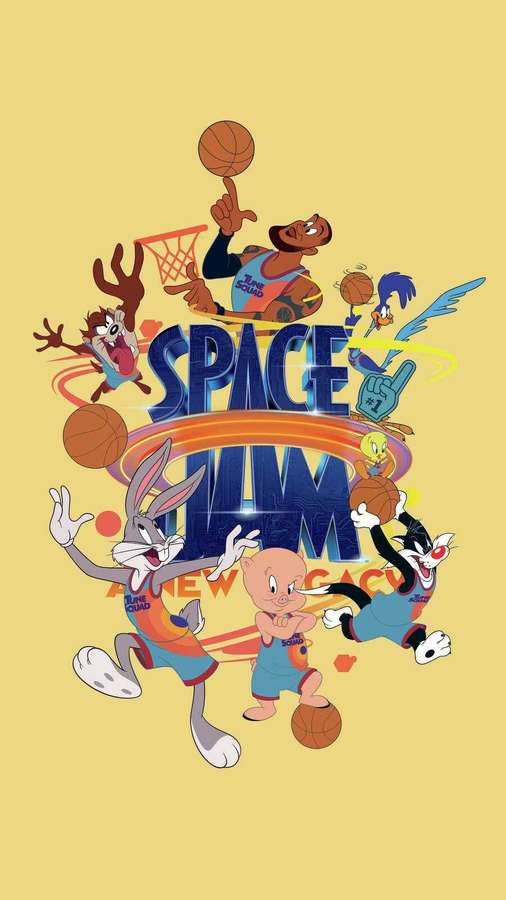 Looney Tunes characters in basketball uniforms playing in a dynamic pose. — Space Jam Background