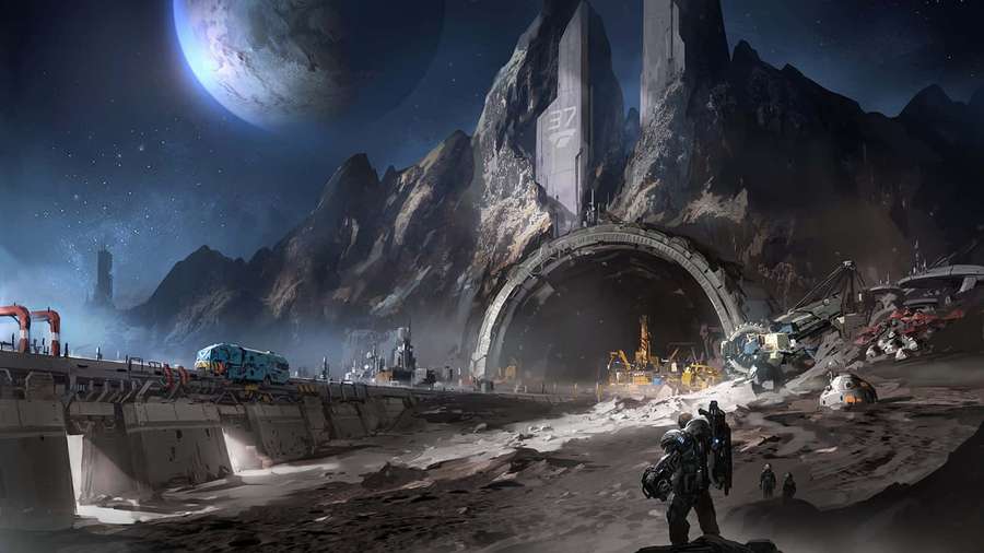 A soldier in armor stands before a giant alien ruin under a blue moon in a barren sci-fi landscape. — Space Mining Wallpaper