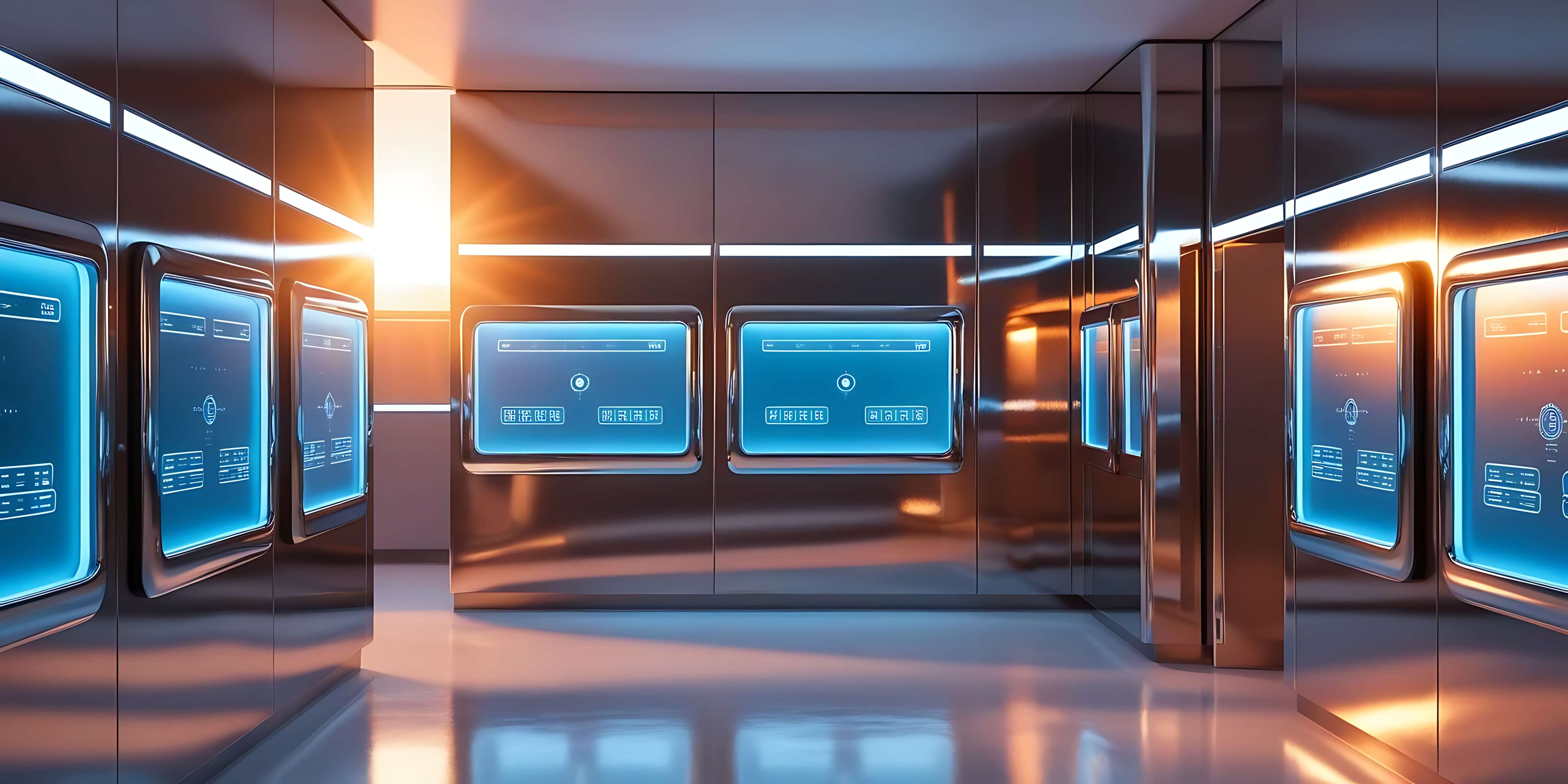 Futuristic hallway with glowing blue digital screens on metallic walls. — Space Station Picture