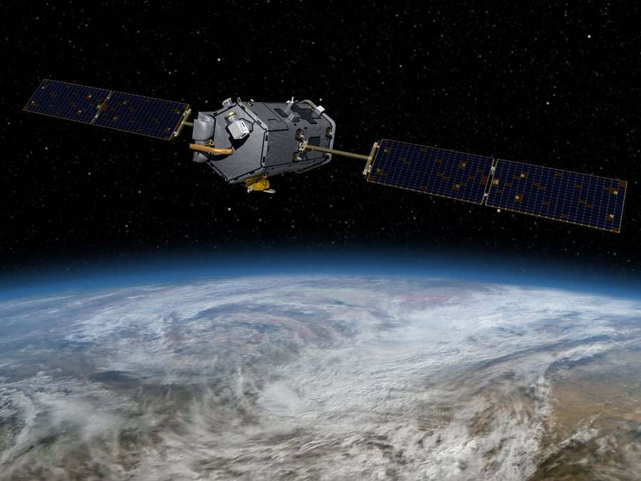 Satellite in orbit above Earth with stars in the background — Space Technology Wallpaper
