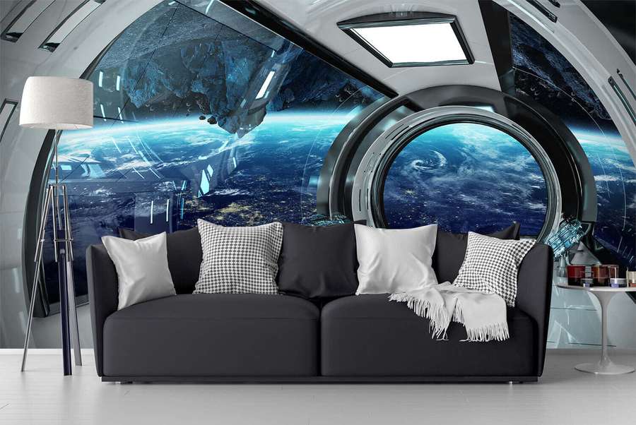 Schwarzes Sofa in futuristischem Raumschiffinterieur mit Blick auf die Erde durch ein gebogenes Fenster. — Spaceship Interior Wallpaper