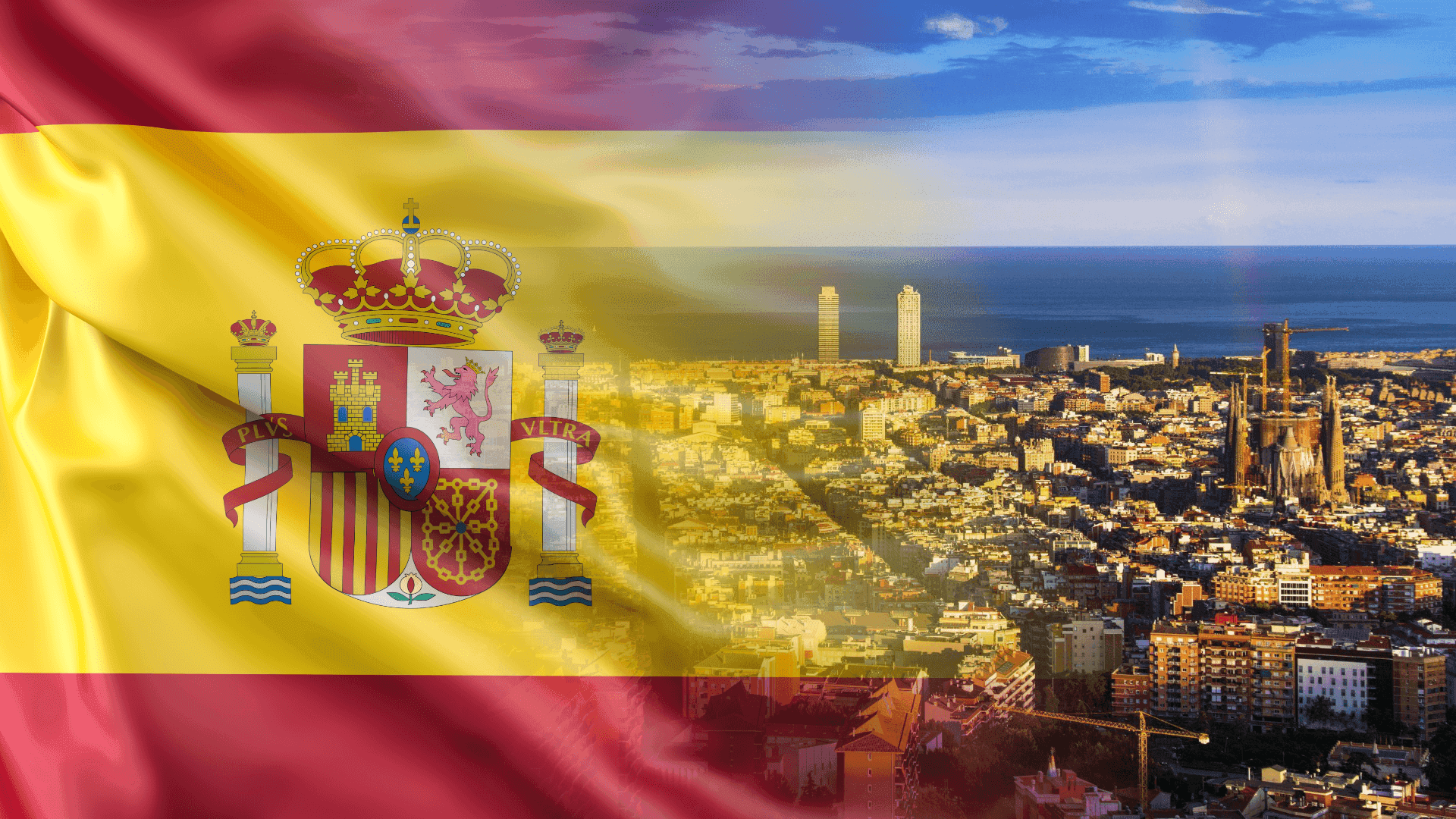 Spanish flag overlaying a coastal city at sunset — Spain Flag Background