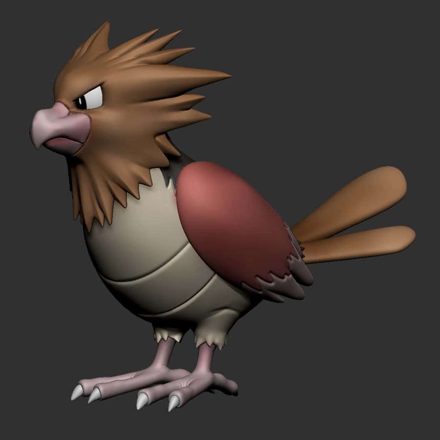 A cartoon bird with spiky feathers and angry eyes stands on a dark background. — Spearow Wallpaper