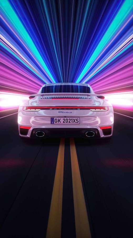 White Porsche speeding with neon light trails at night. — Speed iPhone Wallpaper