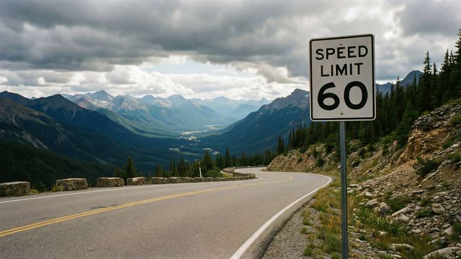 Speed limit sign on mountain road with scenic view — Speed Limit Sign Wallpaper