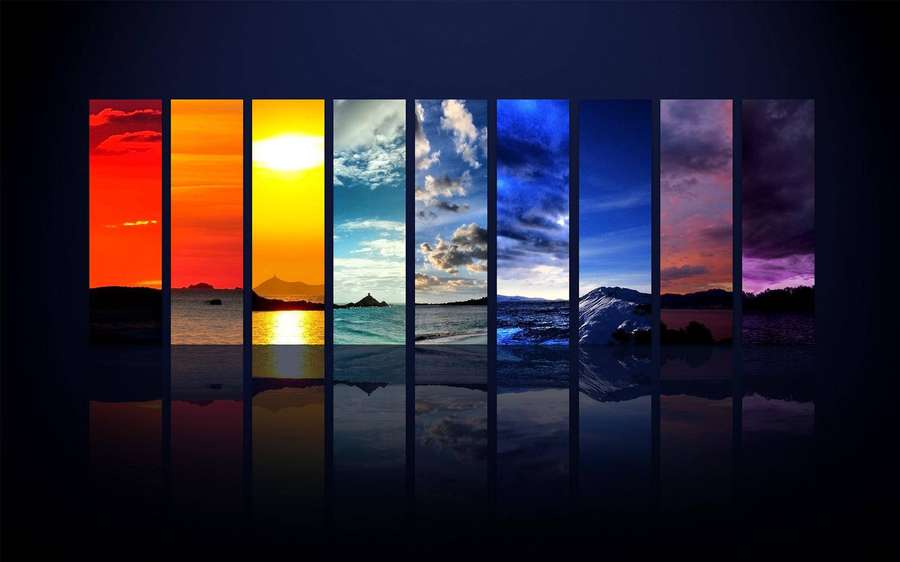 Sieben vertikale Paneele zeigen einen farbenfrohen Sonnenuntergang über Ozeanszenen, der von Orange zu Lila übergeht. — Sperren Wallpaper