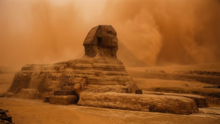 Sphinx obscured by a fierce sandstorm in orange haze. — Sphinx Wallpaper