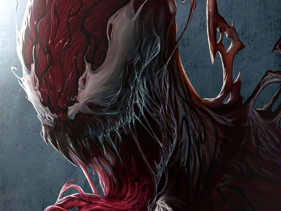Una criatura simbionte roja y negra con dientes afilados y tentáculos fluidos. — Spider Carnage Fondos de pantalla