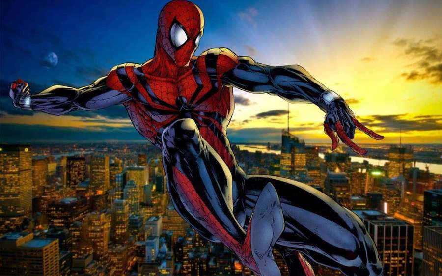 Spider-Man heiluu kaupungin yllä auringonlaskussa, alla valaistuja rakennuksia. — Spider-geddon Taustakuvat