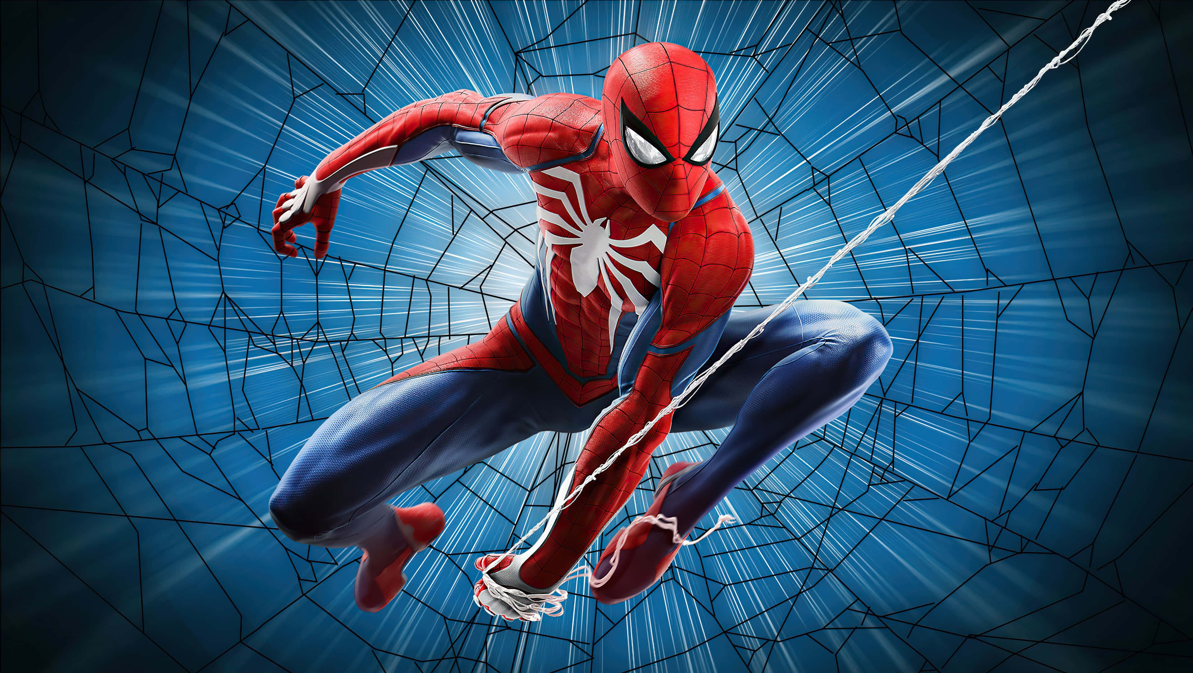 Spider-Man swinging through a glowing blue web background. — Spiderman Background