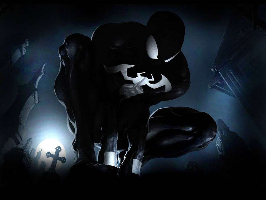 Venom se agacha en un cementerio oscuro bajo una luna llena brillante. — Spiderman Negro Fondos de pantalla