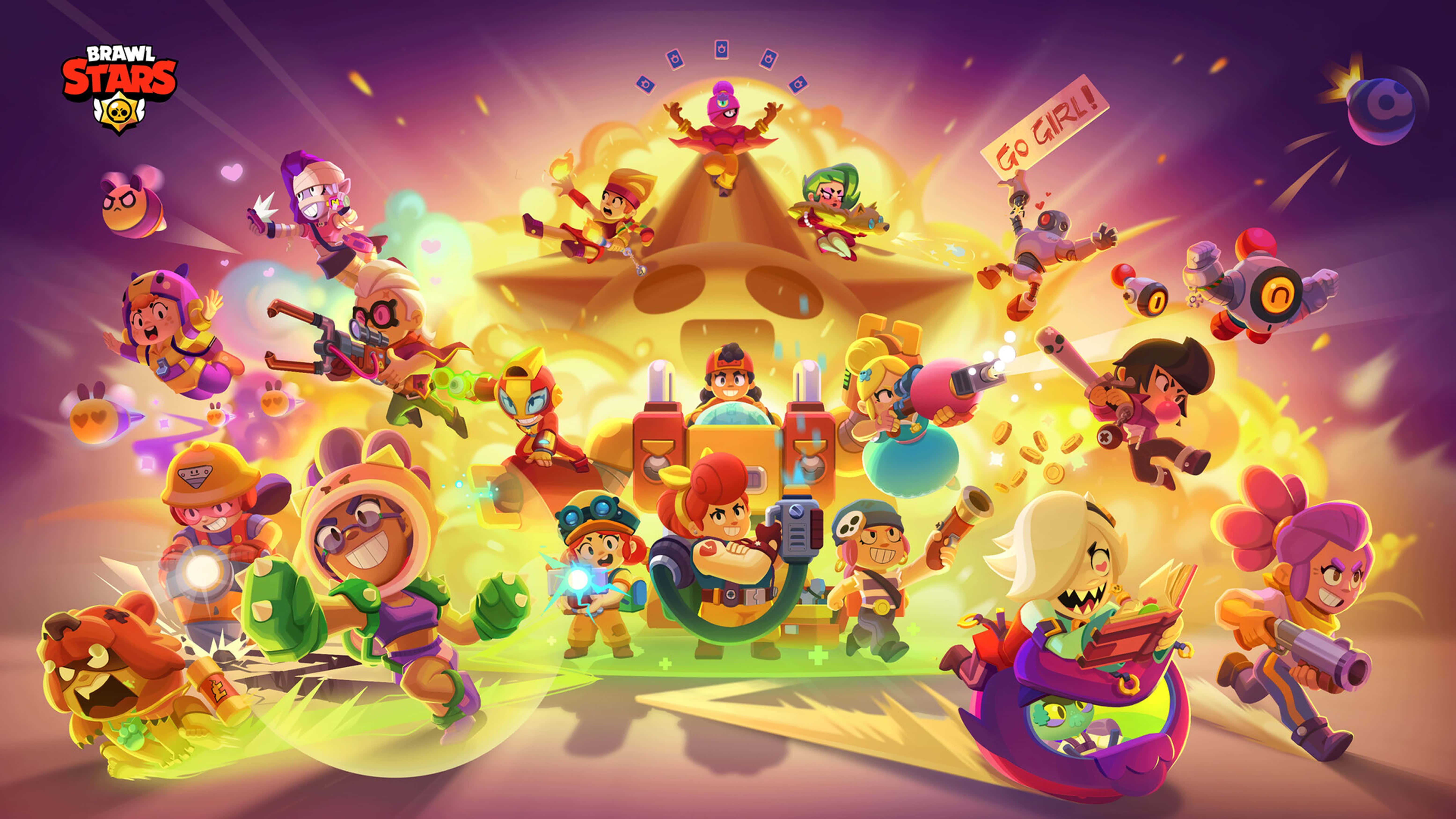 Brawl Stars-Charaktere in farbenfrohen Actionposen um eine leuchtende Sternarena. — Spiel Hintergrundbild