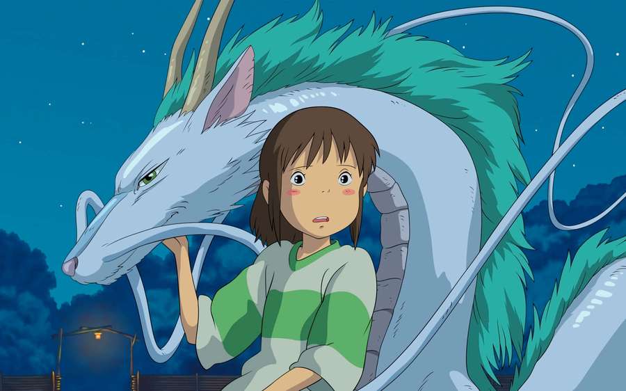 Girl holding a white dragon with turquoise mane under starry night sky. — Spirited Away Background