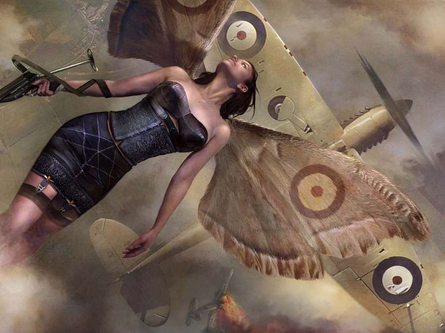 Eine Frau mit Mottenflügeln schwebt neben einem Vintage-Kampfflugzeug in rauchigem Himmel. — Spitfire Bilder