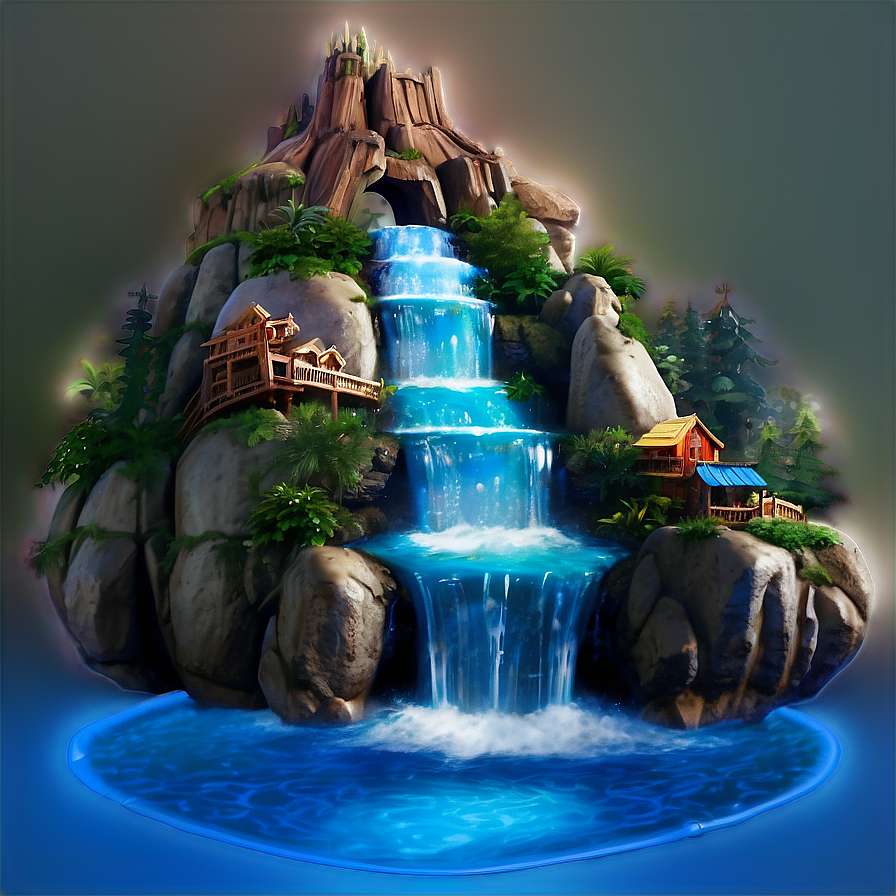 A glowing blue waterfall flows through a rocky mountain with wooden cabins nestled in greenery. — Splash Mountain Background