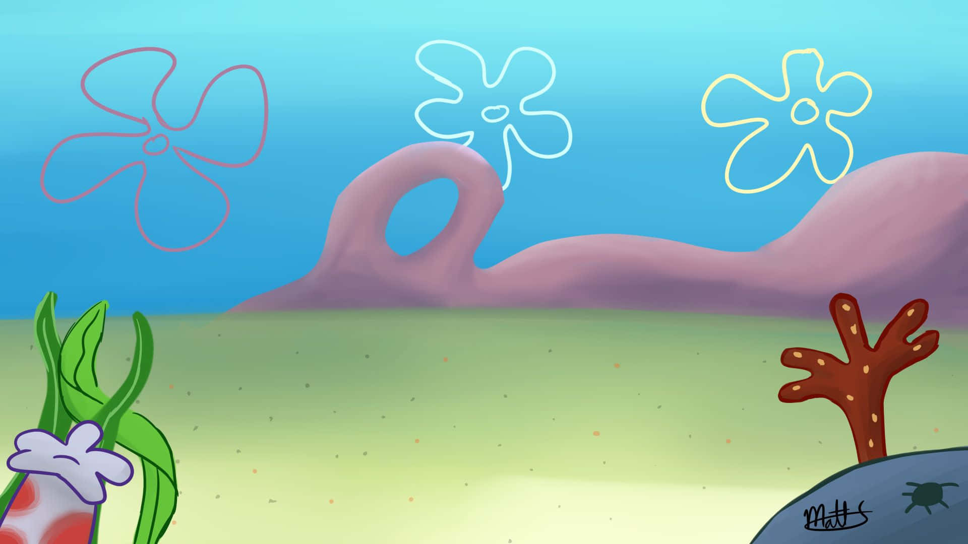 Cartoon underwater scene with coral hills and outlined sea flowers. — Spongebob Aesthetic Desktop Wallpaper