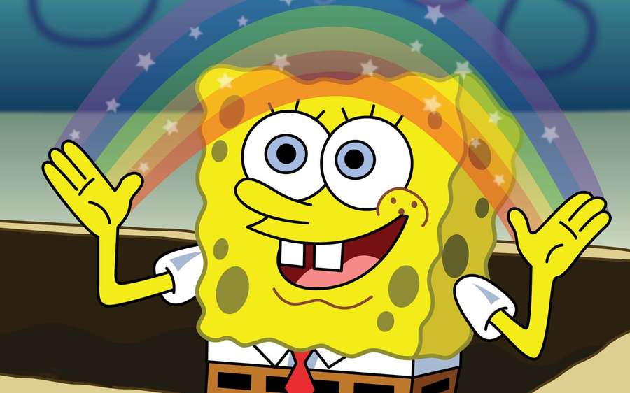 SpongeBob SquarePants smiling with arms raised under a rainbow. — Spongebob Background