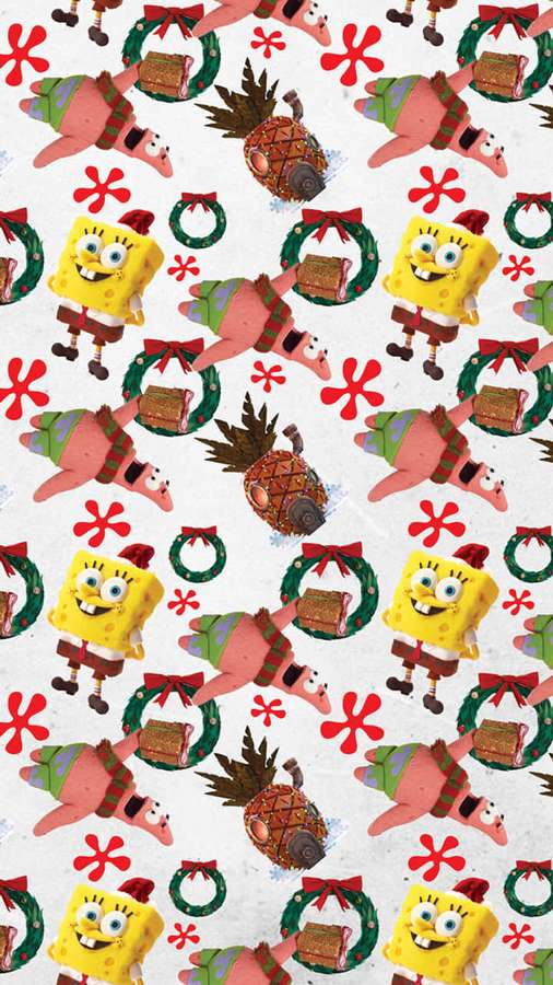 Paavo Pesusieni ja Patrik loma-asuissa seppeleiden ja punaisten lumihiutaleiden kanssa teksturoidulla valkoisella taustalla. — Spongebob Joulu Taustakuvat