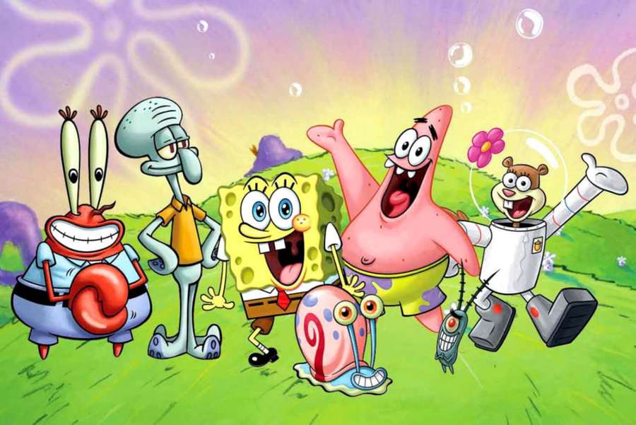 SpongeBob and friends laughing on a grassy hill with bubbles floating in the air. — Spongebob squarepants Background