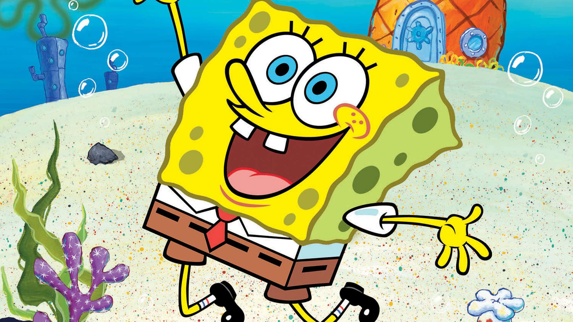 SpongeBob Schwammkopf lächelt und winkt unter Wasser in der Nähe seines Ananashauses. — Spongebob Wallpaper