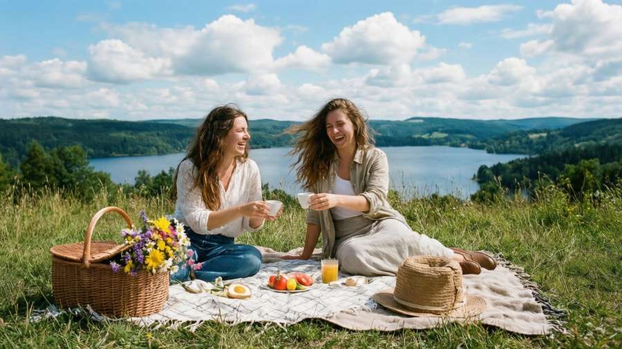A spontaneous picnic on a hilltop overlooking a lake, peaceful joy. — Spontaneous Picture