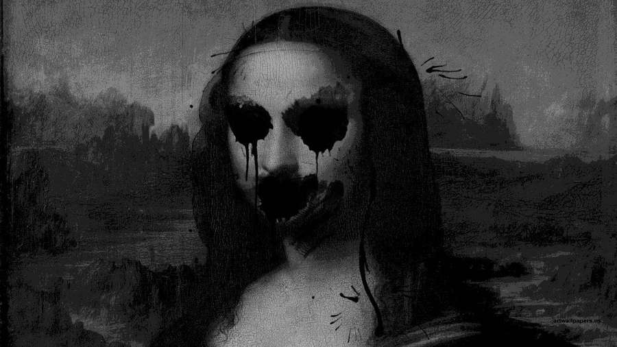 Mona Lisa with hollow eyes and mouth dripping black against a bleak landscape. — Spooky Wallpaper