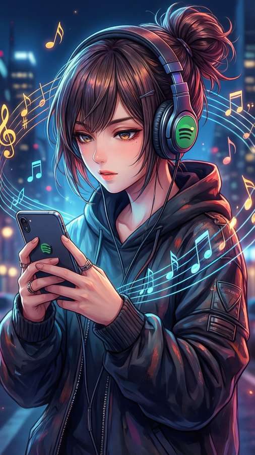 Anime character with headphones listening to Spotify, vibrant city night — Spotify Player Wallpaper