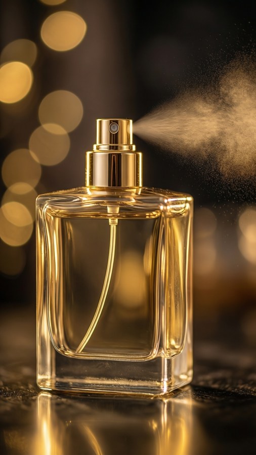 Luxury perfume bottle with golden mist in soft bokeh background — Spray Wallpaper