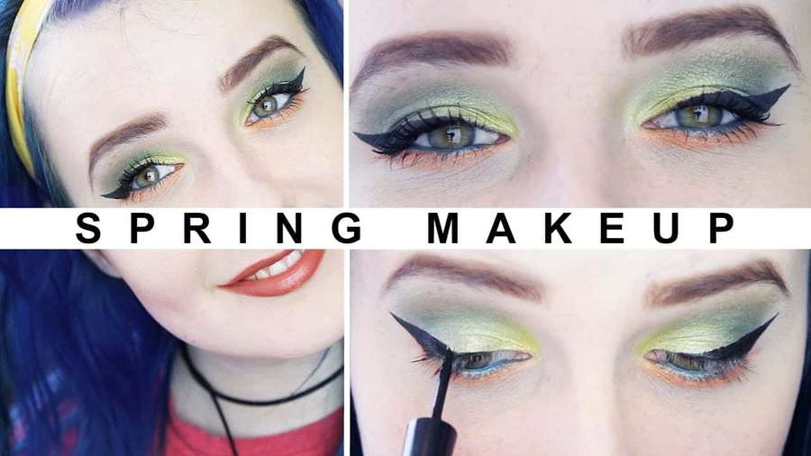 Close-up of a woman applying spring makeup with green eyeshadow and black winged eyeliner. — Spring Makeup Wallpaper