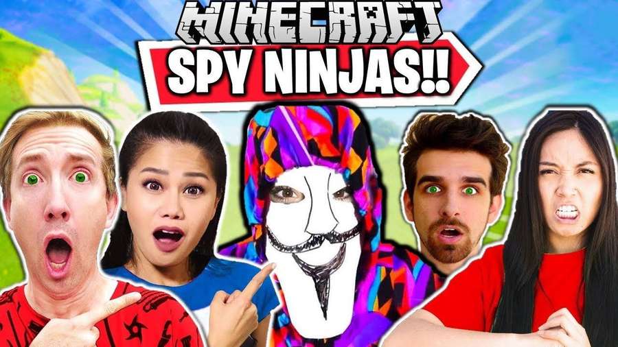 Five people with shocked faces around a masked ninja in a Minecraft game promotion. — Spy Ninja Background