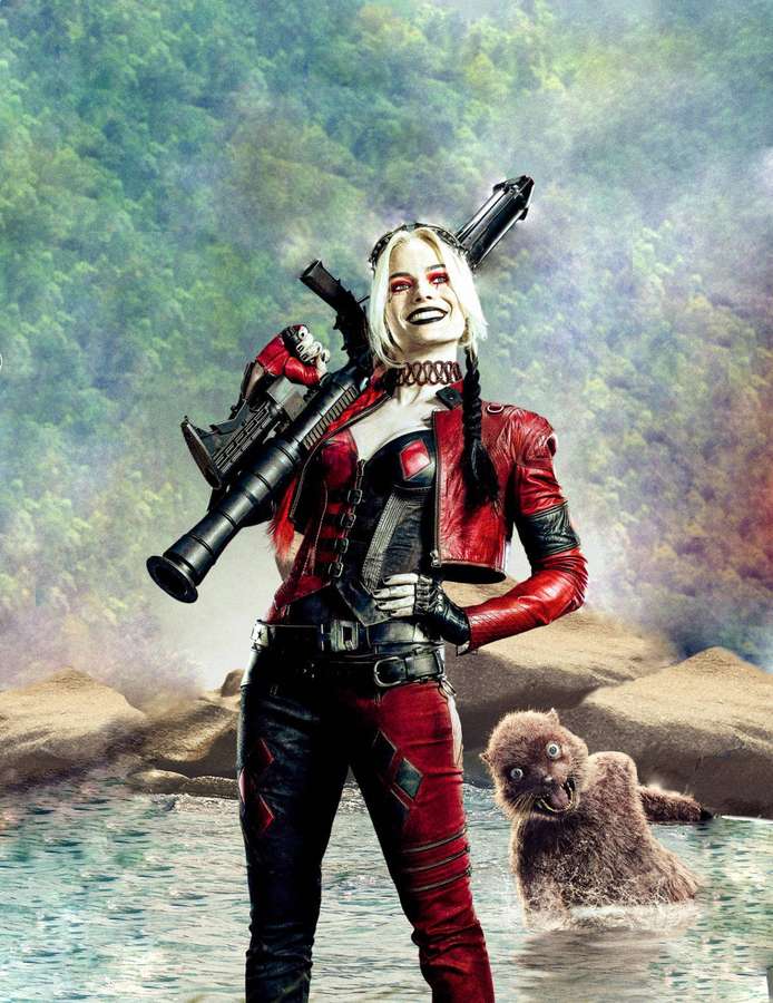 Harley Quinn in red leather holding a gun beside a furry creature in forest water. — Squad Background