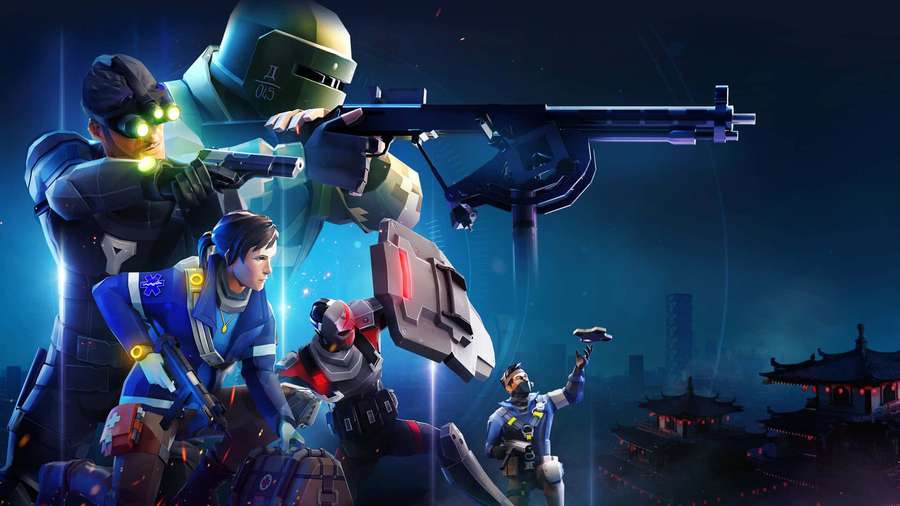 Four armored soldiers with glowing gear and weapons in a neon city at night. — Squad Picture