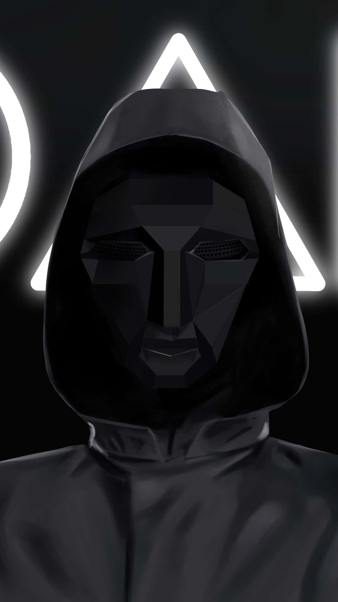 En huvklädd figur med en geometrisk mask under glödande neonljus. — Squid Game bakgrund Bakgrundsbilder