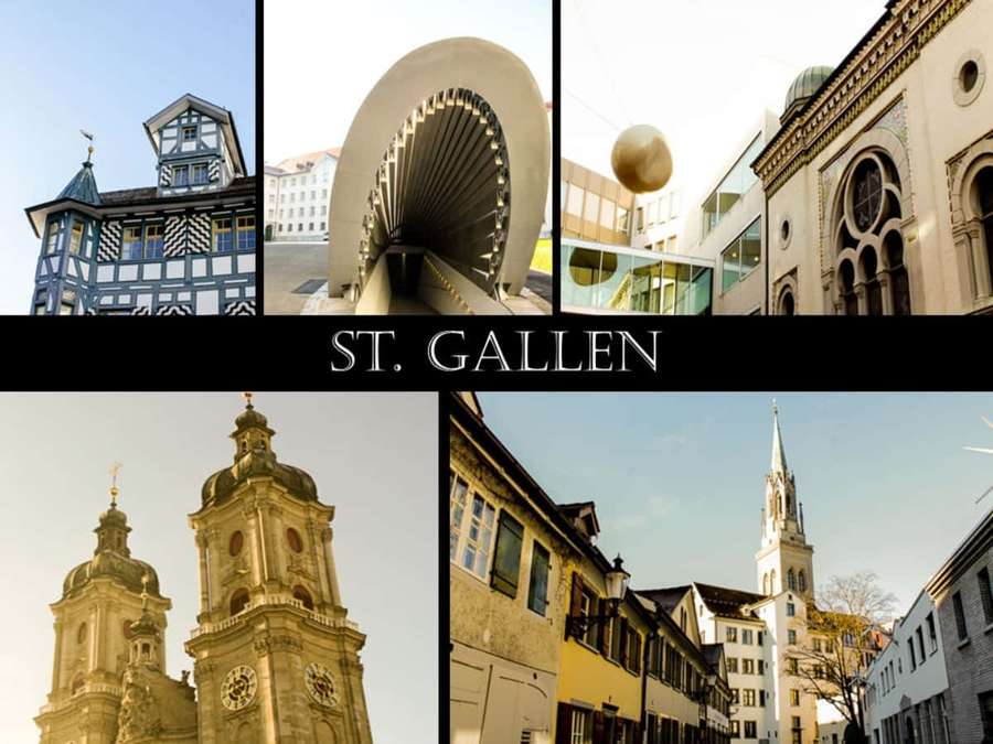 St Gallen cityscape collage showing historic and modern buildings at sunset. — St Gallen Wallpaper