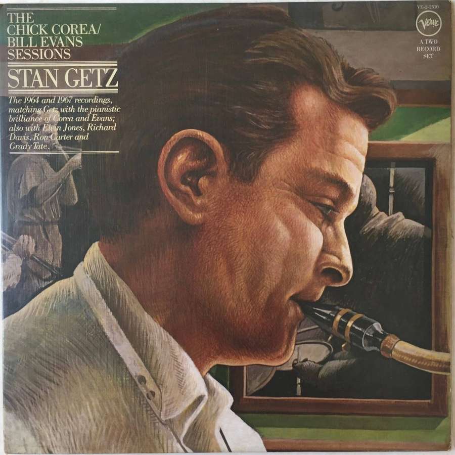 Muotokuva jazzsaksofonisti Stan Getzistä soittamassa instrumenttiaan vintage-levynkansikuvituksessa. — Stan Getz Taustakuvat