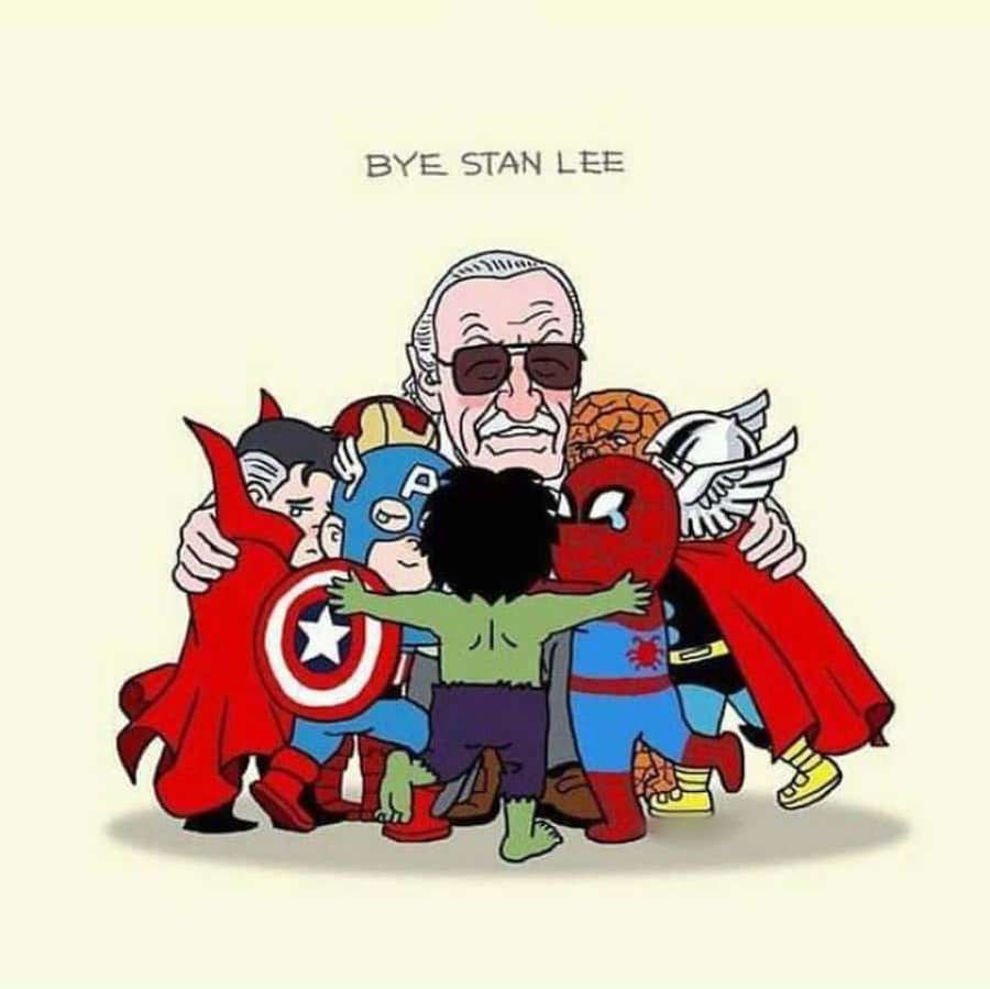 Chibi superheroes hugging Stan Lee in a tribute illustration. — Stan Lee Tribute Wallpaper