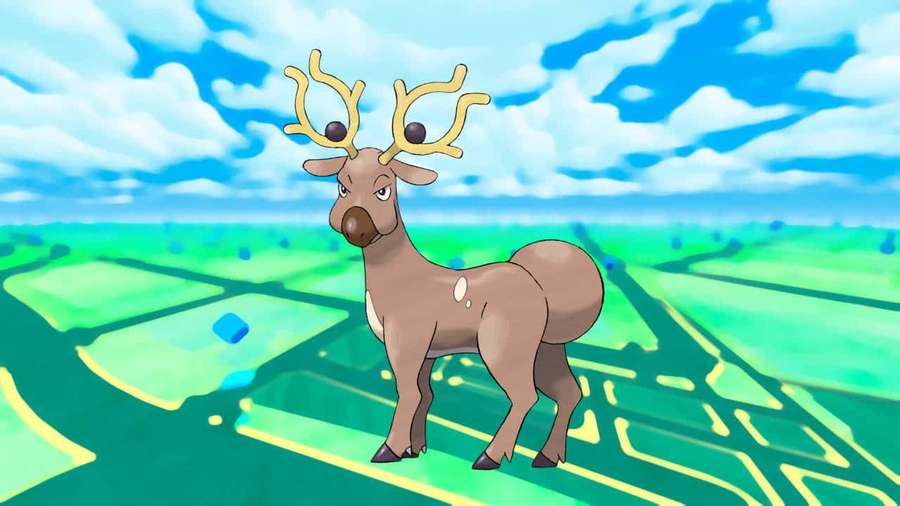 A cartoon deer with golden antlers stands in a green field under a blue sky. — Stantler Wallpaper