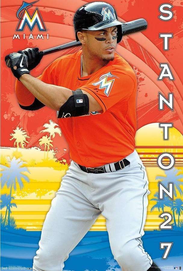 Miami Marlins baseball player Stanton in batting stance against tropical sunset backdrop. — Stanton Wallpaper