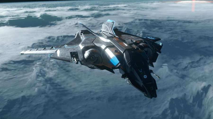 Futuristic spaceship flying over icy planet surface — Star Citizen Wallpaper